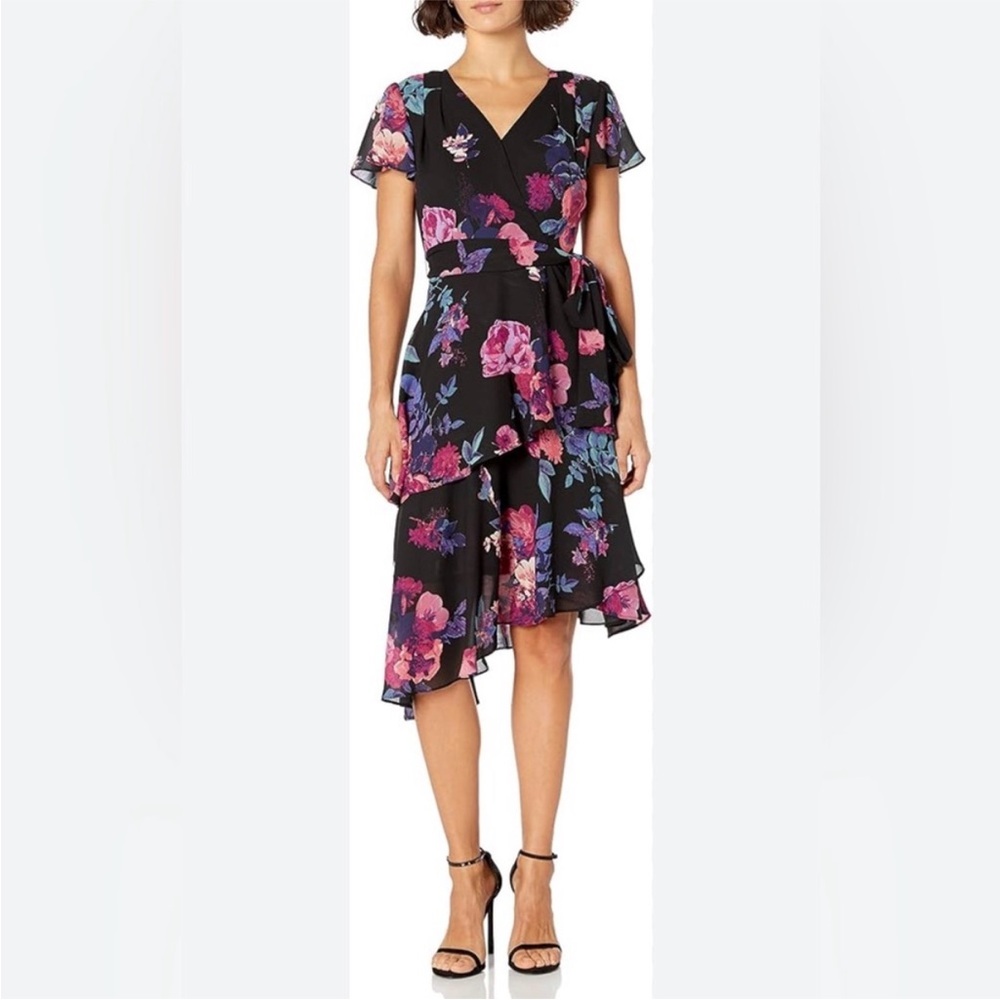Tahari ASL Black and Pink Floral High Low Dress Size 4 - Picture 3 of 4